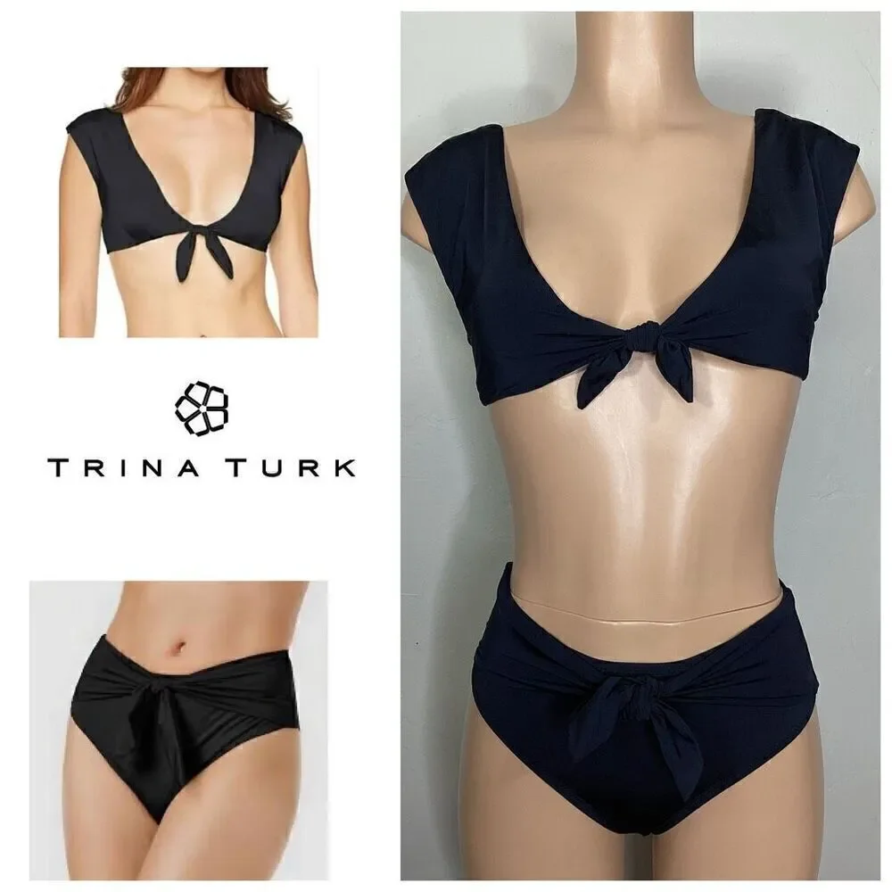 New. Trina Turk black front tie bikini set. 4-top/6-bottom. $155